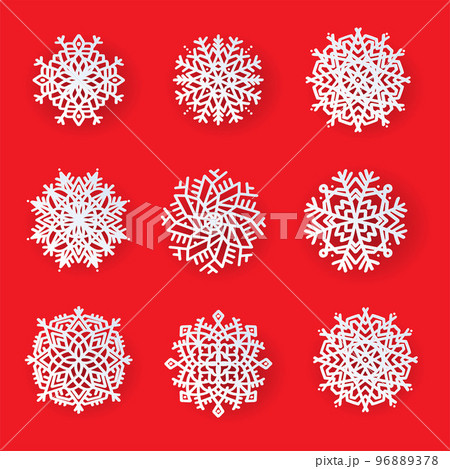 Set of beautiful patterned laser cut snowflakes. Template christmas, new year decorations designs. Elements for the New Year holidays. Vector illustration on a red background Set of beautiful patterned laser cut snowflakes. Template christmas, new year decorations designs. Elements for the New Year holidays. Vector illustration on a red background 96889378