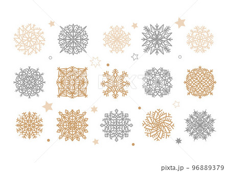 Set of gold and silver snowflakes. Holiday collection. Flakes of snow collection isolated on white background. Flat Vector illustration. 96889379