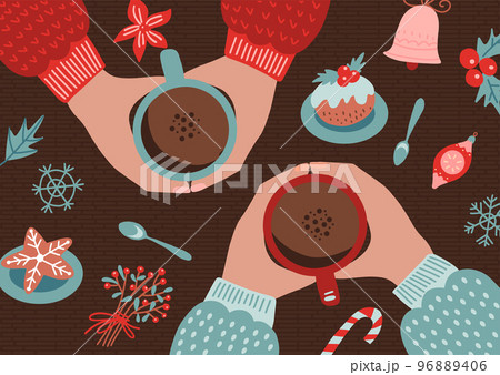 Friendship concept with human hands holding cup of coffee. Christmas, new year card design. Top view scene. Christmas gingerbread , candies. Homemade cookies for the new year. Vector flat illustration 96889406