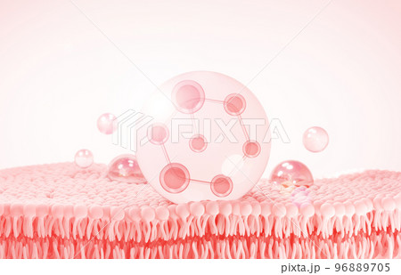 Cosmetics Essence molecule, collagen, Vitamin or Serum drop water for moisturizer. Liquid molecule chemical structure on water background. Cosmetics power treatment. Natural product. 3d rendering. 96889705