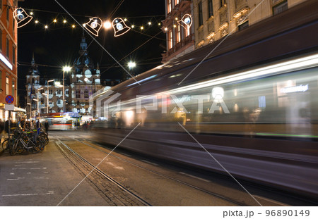 Beautiful Christmas decorations on Herrengasse street, at night, in the city center of Graz, Styria region, Austria 96890149