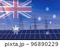 Australian flag with electric towers and solar panels. Energy supply in Australia. Energy crisis 96890229