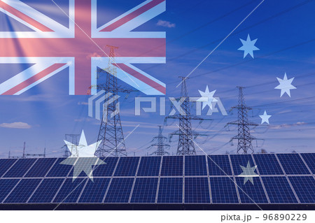 Australian flag with electric towers and solar panels. Energy supply in Australia. Energy crisis 96890229