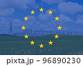 EU flag with electric tower and lines. Energy crisis in Europe. European Union high energy prices 96890230