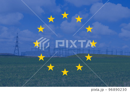 EU flag with electric tower and lines. Energy crisis in Europe. European Union high energy prices 96890230