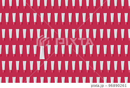 Creative seamless pattern of pink and white cosmetic tubes. Toned image in trendy magenta color of year 2023. Cosmetics, skin care, beauty, body treatment concept. Flat lay style. Top view. Mock-up. 96890261