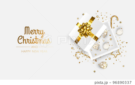 Merry Christmas and Happy New Year. Xmas Festive background with realistic 3d objects, gift box, gold and white balls. Merry Christmas and Happy New Year. Xmas Festive background with realistic 3d objects, gift box, gold and white balls. 96890337
