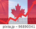 Rising arrow against Canada flag with electric towers and solar panels. Energy supply in Canada 96890341