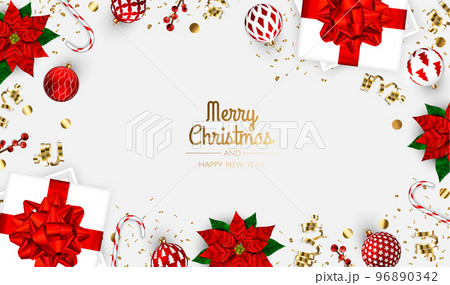 Merry Christmas and Happy New Year. Xmas background with poinsettia, Snowflakes, star and balls design. 96890342