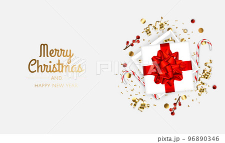Merry Christmas and Happy New Year. Xmas Festive background with realistic 3d objects, gift box, gold and white balls. 96890346