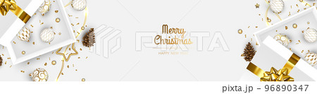 Christmas banner. Xmas background design with realistic christmas ball and golden confetti glitter. 96890347