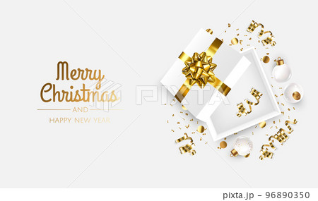 Merry Christmas and Happy New Year. Xmas Festive background with realistic 3d objects, gift box, blue and white balls. Merry Christmas and Happy New Year. Xmas Festive background with realistic 3d objects, gift box, blue and white balls. 96890350