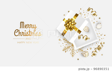 Merry Christmas and Happy New Year. Xmas Festive background with realistic 3d objects, gift box, blue and white balls. Merry Christmas and Happy New Year. Xmas Festive background with realistic 3d objects, gift box, blue and white balls. 96890351