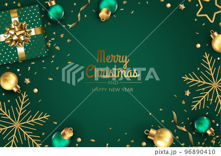 Happy New Year and Merry Christmas. Christmas holiday background with realistic 3d object, christmas balls, gifts. 96890410