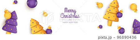 Merry Christmas and Happy New Year. Christmas background design, Christmas trees, decorative balls, gift. Festive gift card, holiday poster, web banner, website header 96890436
