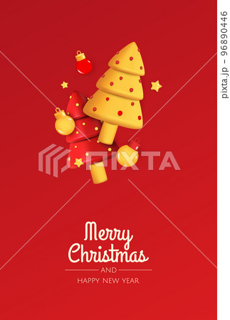 Happy New Year and Merry Christmas. Christmas holiday background with realistic 3d object, christmas balls, conical christmasl tree. Levitation falling design composition Happy New Year and Merry Christmas. Christmas holiday background with realistic 3d object, christmas balls, conical christmasl tree. Levitation falling design composition 96890446