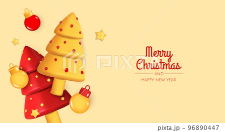 Happy New Year and Merry Christmas. Christmas holiday background with realistic 3d object, christmas balls, conical christmasl tree. Levitation falling design composition Happy New Year and Merry Christmas. Christmas holiday background with realistic 3d object, christmas balls, conical christmasl tree. Levitation falling design composition 96890447