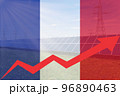 Rising arrow on France flag with electric towers and solar panels. Electricity price growth 96890463