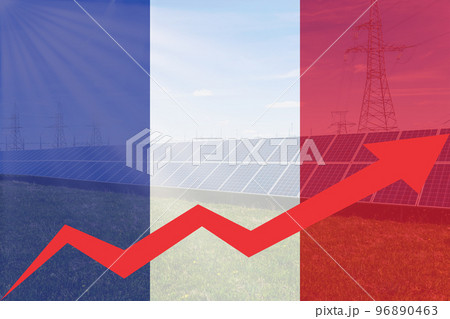 Rising arrow on France flag with electric towers and solar panels. Electricity price growth 96890463