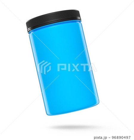 Blue plastic jar for sport nutrition whey protein powder isolated on white 96890497