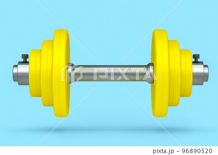 Metal dumbbell with yellow disks isolated on blue background 96890520