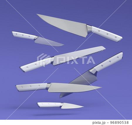 Set of fluing chef's kitchen knives with a wooden handle on violet background. 96890538