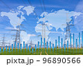 Transmission towers and raising sparkline chart representing electricity prices growth 96890566