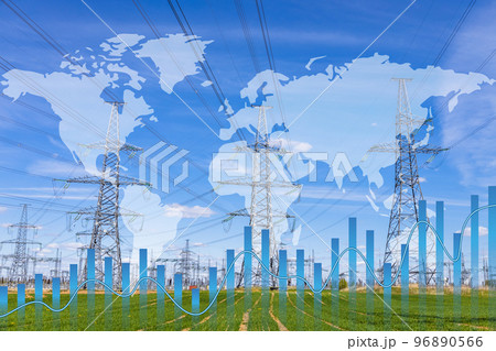 Transmission towers and raising sparkline chart representing electricity prices growth 96890566