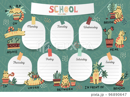Schedule for the student in the form of board training and stickers with space for notes. School timetable, weekly schedule vector template with cute cartoon cats and plants with english prepositions 96890647