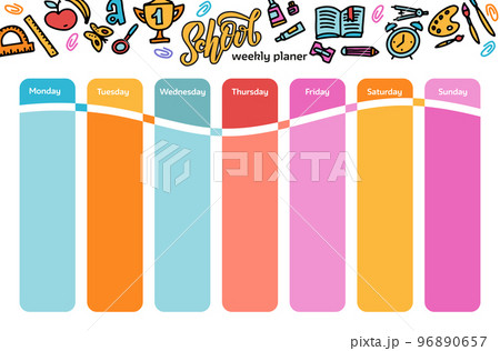 Vector Template School timetable for students and pupils. Illustration includes many hand drawn elements of school supplies. hand drawn doodle flat color illustration Vector Template School timetable for students and pupils. Illustration includes many hand drawn elements of school supplies. hand drawn doodle flat color illustration 96890657