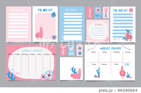 Set of planners and to do lists with simple scandinavian illustrations and trendy lettering with cacti and cute llama characters. Vector Template for agenda, planners and other stationery. Isolated. Set of planners and to do lists with simple scandinavian illustrations and trendy lettering with cacti and cute llama characters. Vector Template for agenda, planners and other stationery. Isolated. 96890664