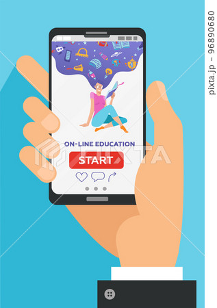 Vector online education concept in flat style. Male Hand holding mobile phone with educational app on the screen. Distant e-learning. Landing page with reading girl and school supplies 96890680