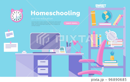 Homeschooling vector illustration inflat cartoon style. Education online and home office conceptual poster, banner, landing. Workplace in home interior with books, pencils, desk lamp, table, shelf, pc Homeschooling vector illustration inflat cartoon style. Education online and home office conceptual poster, banner, landing. Workplace in home interior with books, pencils, desk lamp, table, shelf, pc 96890685