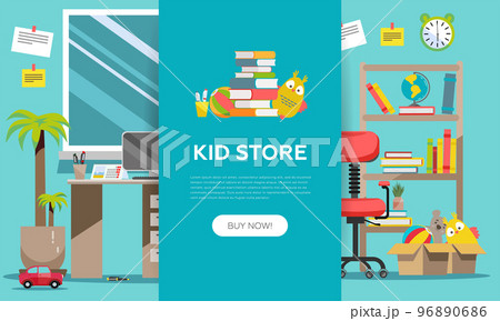 Childen's goods shop landing page in flat cartoon style. Kids game, books, interior items and school supplies. Children fun play colorful boy room interior background vector illustration. Childen's goods shop landing page in flat cartoon style. Kids game, books, interior items and school supplies. Children fun play colorful boy room interior background vector illustration. 96890686
