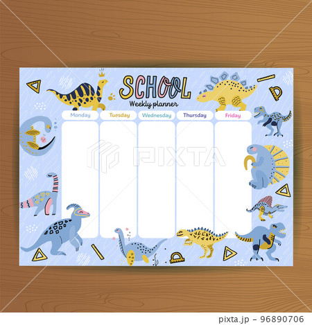 School timetable and weekly schedule vector template. Student lesson plans with cute cartoon dinosaurs and dino eggs on blue background. Education design hand drawn doodle flat color illustration 96890706