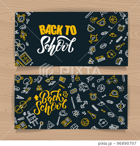 Back to school vector sketch lettering and hand drawn school stationery. Set of Black board backgrounds with outline doodle school supplies icons. Design for poster, banner, school or education theme. 96890707