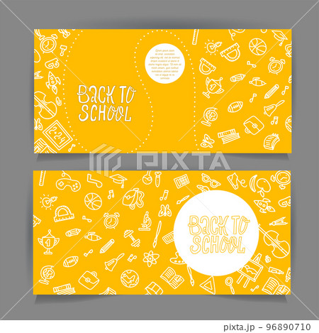 Back to school horizontal flyer template with different school objects. School sale banners set with white line doodle supplies and stationery on yellow background.Sketches for education poster design 96890710