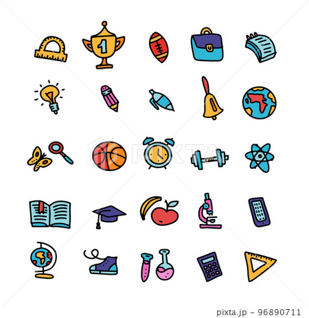 Set of doodle colored school supplies icons with lines, symbols isolated on white background. 96890711