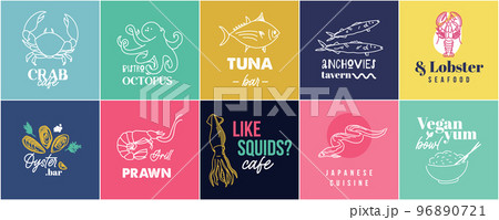 Colourful logo set with seafood for oyster bar, fish restaurant, tavern, bistro 96890721