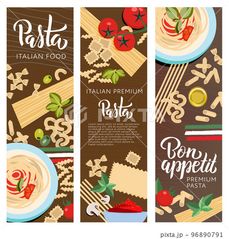 Set ot 3 Italian food banners with pasta hand lettering. Farfalle, Ravioli, Penne, Macaroni, Macheroni, Fusilli, Tortellini, Spaghetti, Fetuccine, Lasagne with greenery seasoning, oil, tomatos vector 96890791