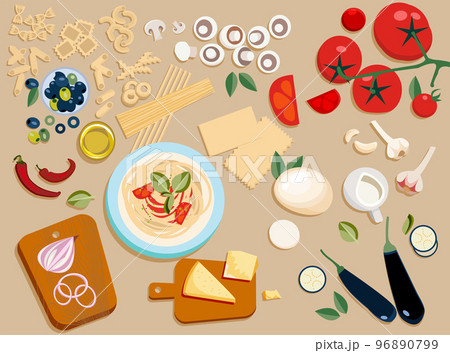 Flat pasta ingredients set entire and cut into pieces: olives,mushrooms, tomato,Parmesan, mozzarella, chilli, oil,eggplant, Garlic, onion, cream,all kinds of pasta. Plate with ready-made pasta. Vector 96890799