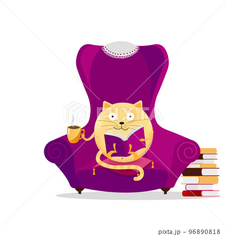 Hand drawn fantasy round cat sitting in big purple armchair and reading book. Relaxing home reading concept. Cute kitty with glasses drinking cup of tea. Vector flat cartoon textured illustration 96890818