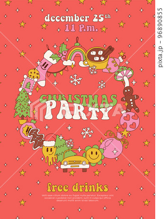 Groovy Christmas poster template, invitation to Xmas party. Trendy retro 60s hippie cartoon design. Round frame with distorted text. Linear vector illustration. 96890855