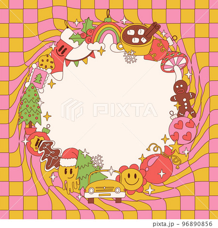 Round frame with Groovy Christmas bright elements, colorful toons characters and sweet food. Tritty Concept fir Xmas and New Year with distorted checkered background. Vector illustration. 96890856