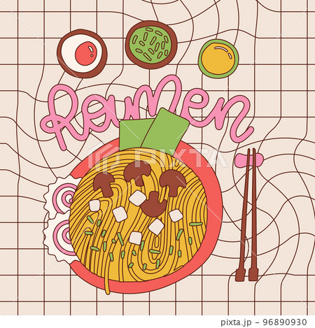 Noodle hand drawn banner template. Traditional japanese dish with stylized lettering Ramen. Pan with noodles, mushrooms, tofu, nori, Narutomaki on checkered background. Restaurant menu, poster design Noodle hand drawn banner template. Traditional japanese dish with stylized lettering Ramen. Pan with noodles, mushrooms, tofu, nori, Narutomaki on checkered background. Restaurant menu, poster design 96890930