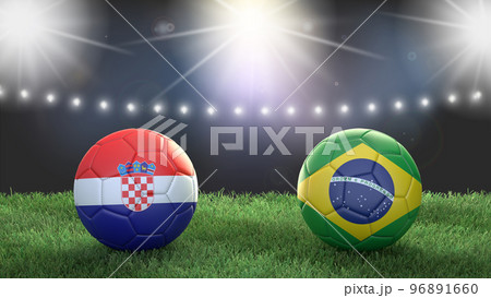Two soccer balls in flags colors on stadium blurred background. Croatia vs Brazil. 3d image Two soccer balls in flags colors on stadium blurred background. Croatia vs Brazil. 3d image 96891660