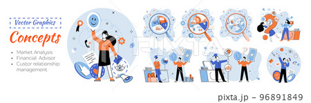 Market statistics analysis metaphor, financial advisor, customer relationship management business themes set Market statistics analysis metaphor, financial advisor, customer relationship management business themes set 96891849