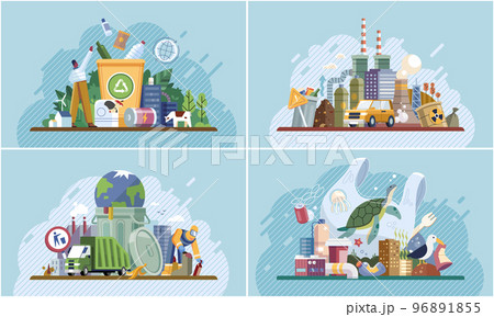 Plastic waste pollution illustration set. Bags and bottles waste garbage. Environment contamination 96891855