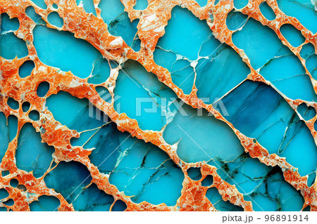 Sea blue Turquoise and orange marble abstract background. Decorative acrylic paint pouring rock marble texture. Horizontal Sea blue Turquoise cyan abstract pattern. 96891914