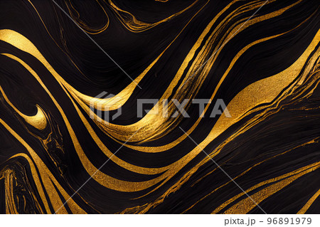 Black and gold marble abstract background. Decorative acrylic paint pouring rock marble texture. Horizontal Black and gold wavy abstract pattern. 96891979